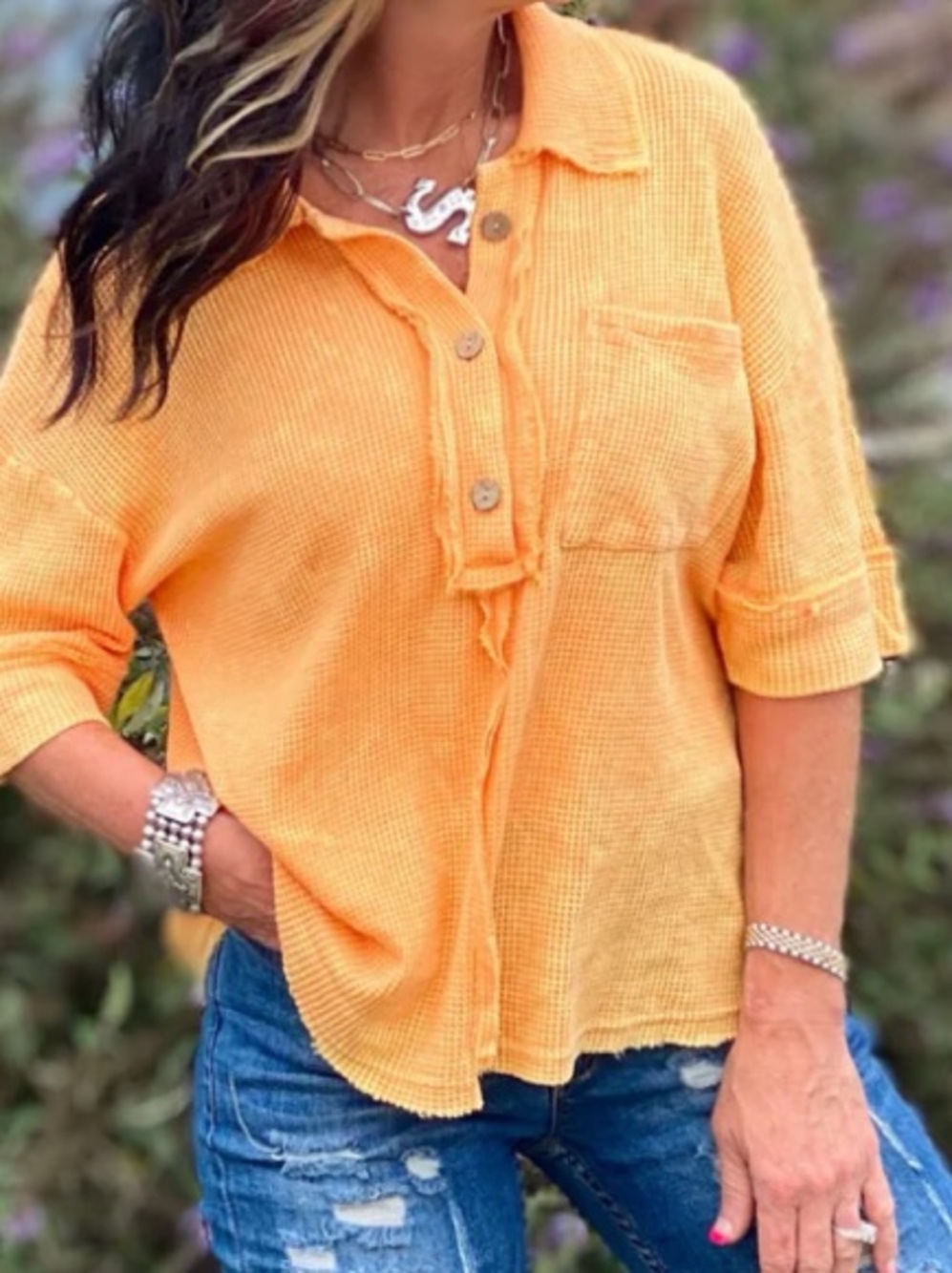 Bibi - oversized Washed Orange Button-Front Waffle Knit Top